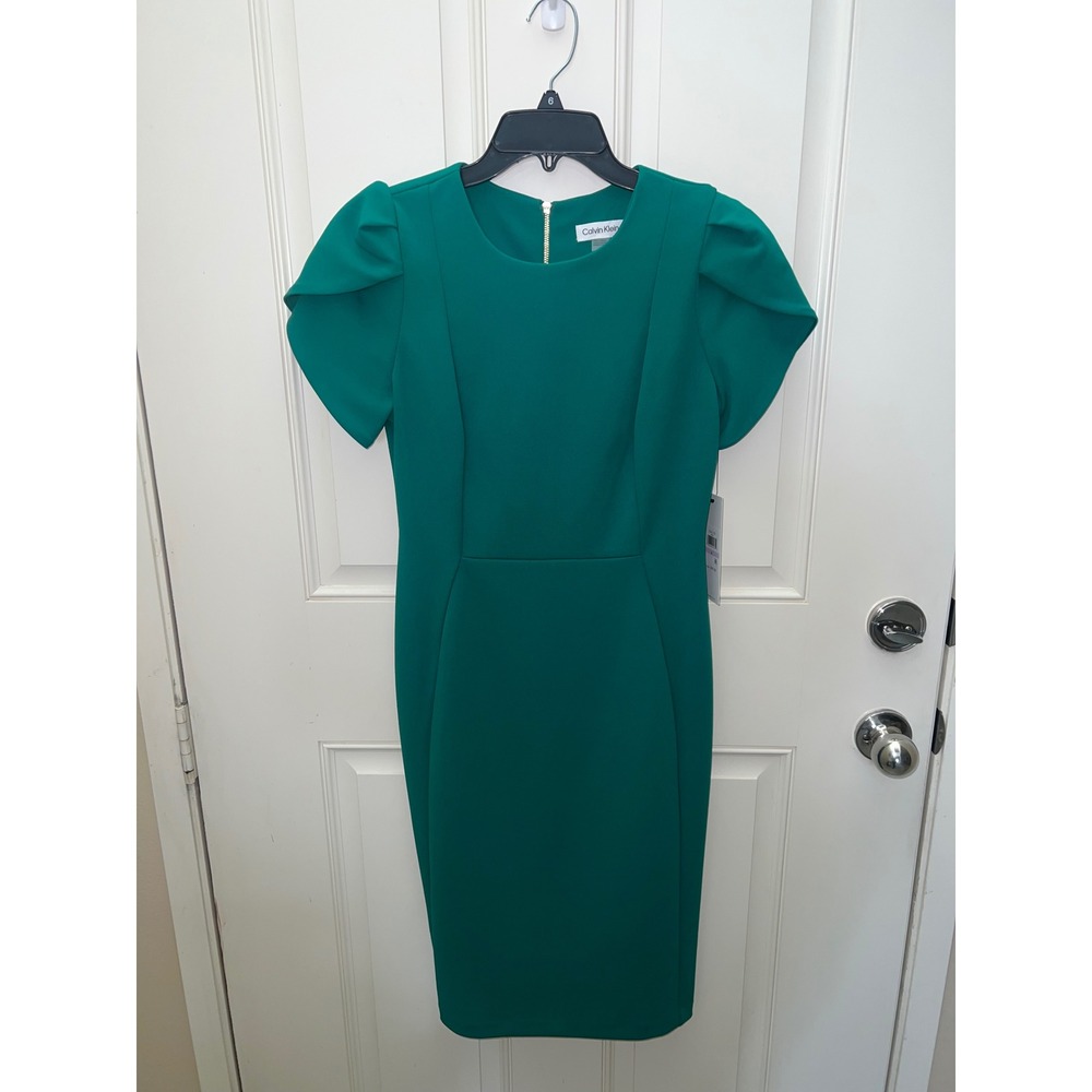Calvin Klein Green Tulip Sleeve Sheath Dress Gold Zipper CD2C112L Size 6 NWT